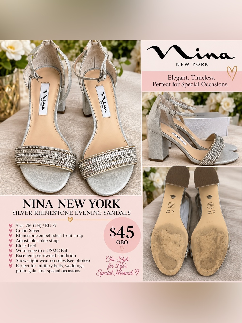 Beautiful Nina New York silver evening sandals in women’s size 7M EU 37.